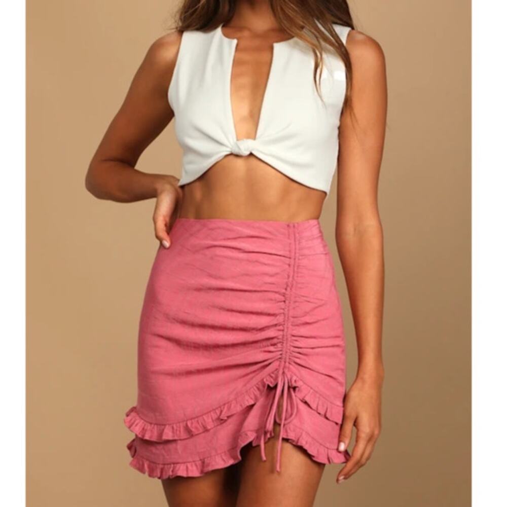 Lulus Pink Deluxe Details Pink Drawstring Ruched Ruffle Mini Skirt Size Large
